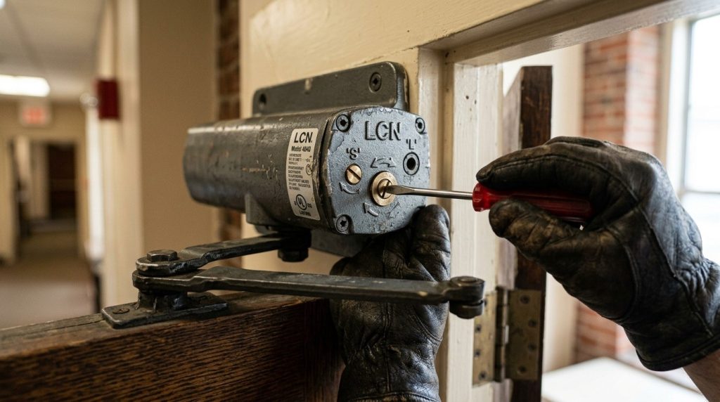 How to Adjust a Door Closer by turning the adjustment screws to control the door's closing speed.