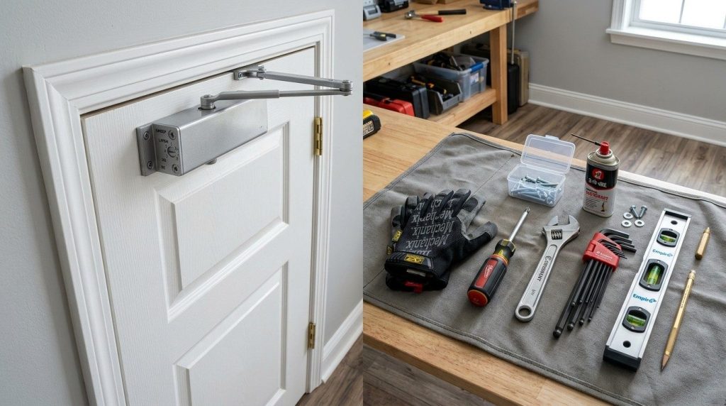 How to Adjust a Door Closer showing a homeowner using a screwdriver to adjust a hydraulic door closer.