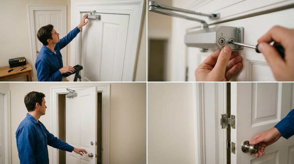 How to Adjust a Door Closer with close-up adjustment valves being turned to improve smooth door closing.