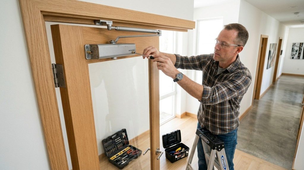 How to Adjust a Door Closer using step-by-step adjustments for proper closing speed and latching action.