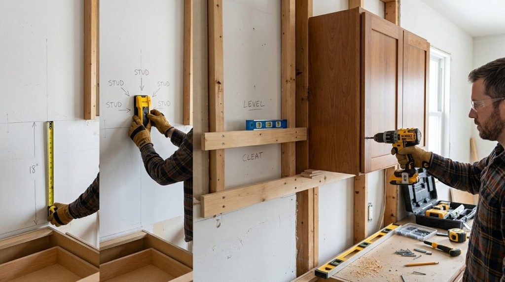 How to Attach Cabinets to Wall by locating wall studs and securing kitchen cabinets with sturdy screws.