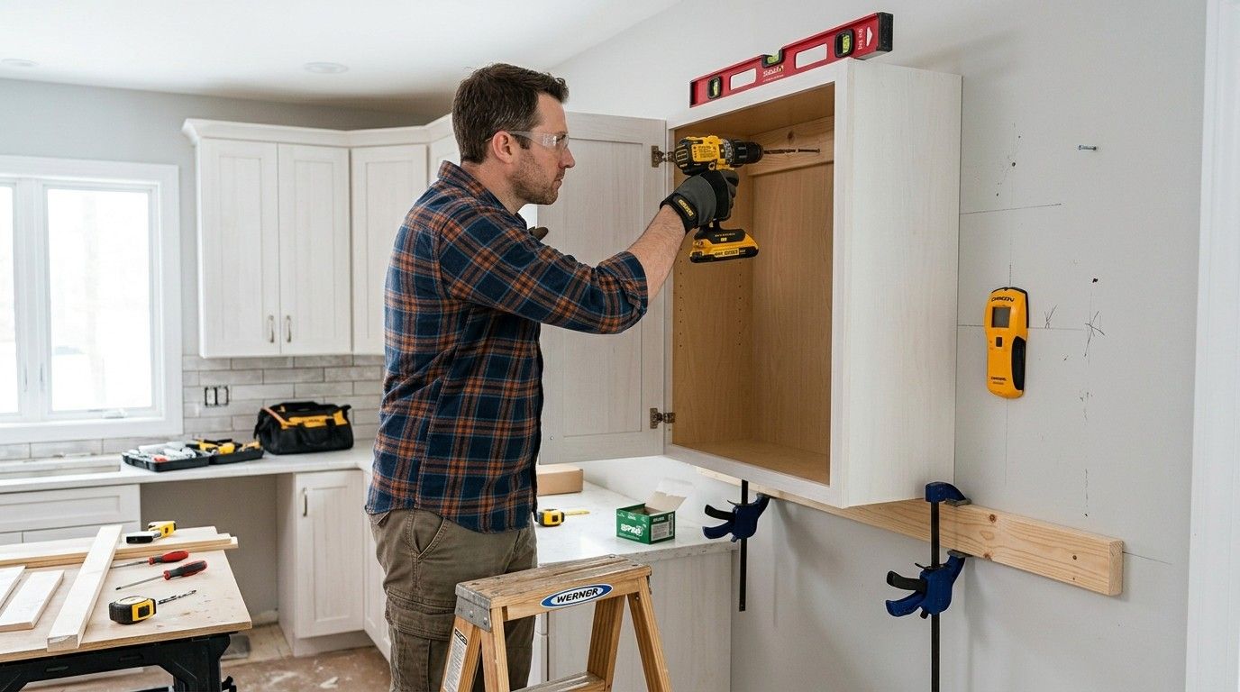 How to Attach Cabinets to Wall showing a homeowner installing a cabinet using a level, drill, and mounting screws.