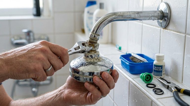 How to Change Water Pressure in Shower showing a homeowner adjusting a shower pressure regulator with basic plumbing tools.