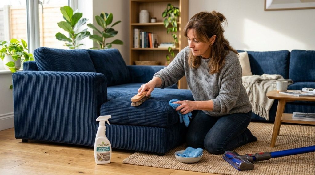 How to Clean Corduroy Couch by gently vacuuming the fabric and removing dust from the textured upholstery.