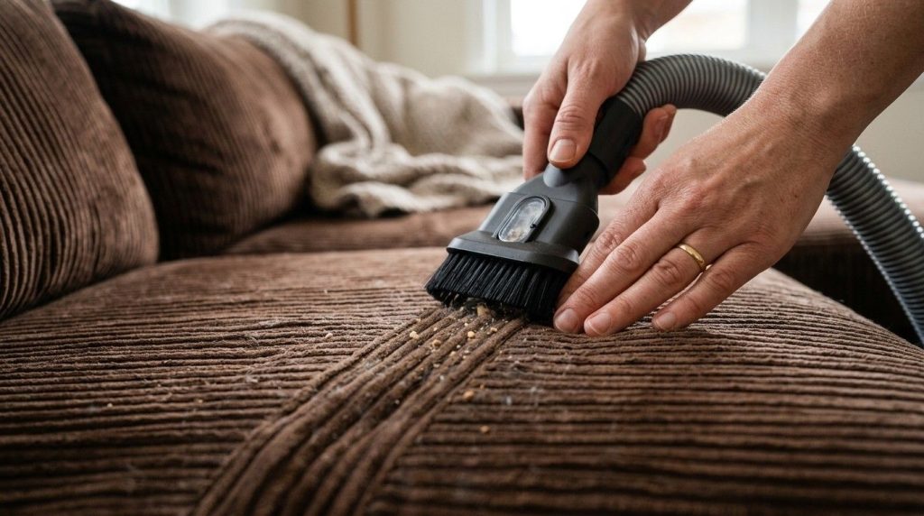 How to Clean Corduroy Couch showing a homeowner carefully cleaning corduroy upholstery with a soft brush and cloth.