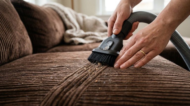 How to Clean Corduroy Couch showing a homeowner carefully cleaning corduroy upholstery with a soft brush and cloth.