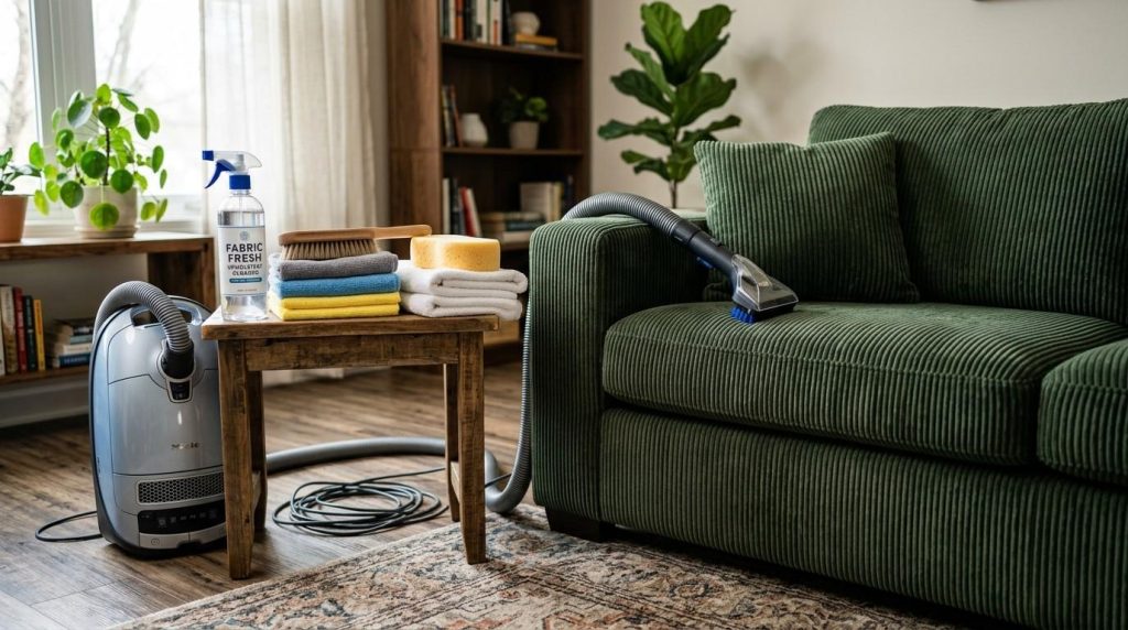How to Clean Corduroy Couch using a suitable upholstery cleaner to remove stains while protecting the fabric texture.
