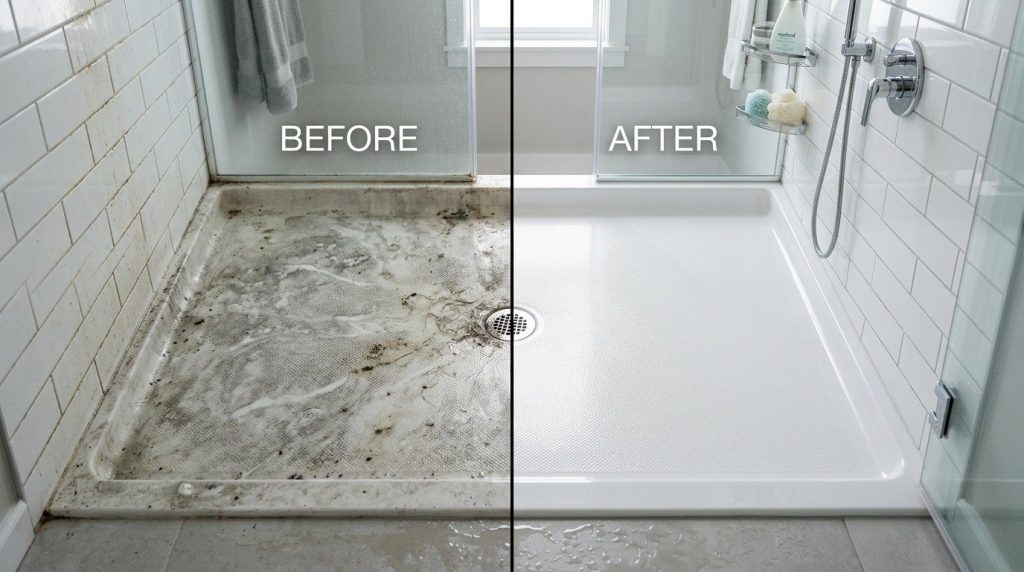 How to Clean Fiberglass Shower Floor by scrubbing the surface with a non-abrasive cleaner and soft sponge.
