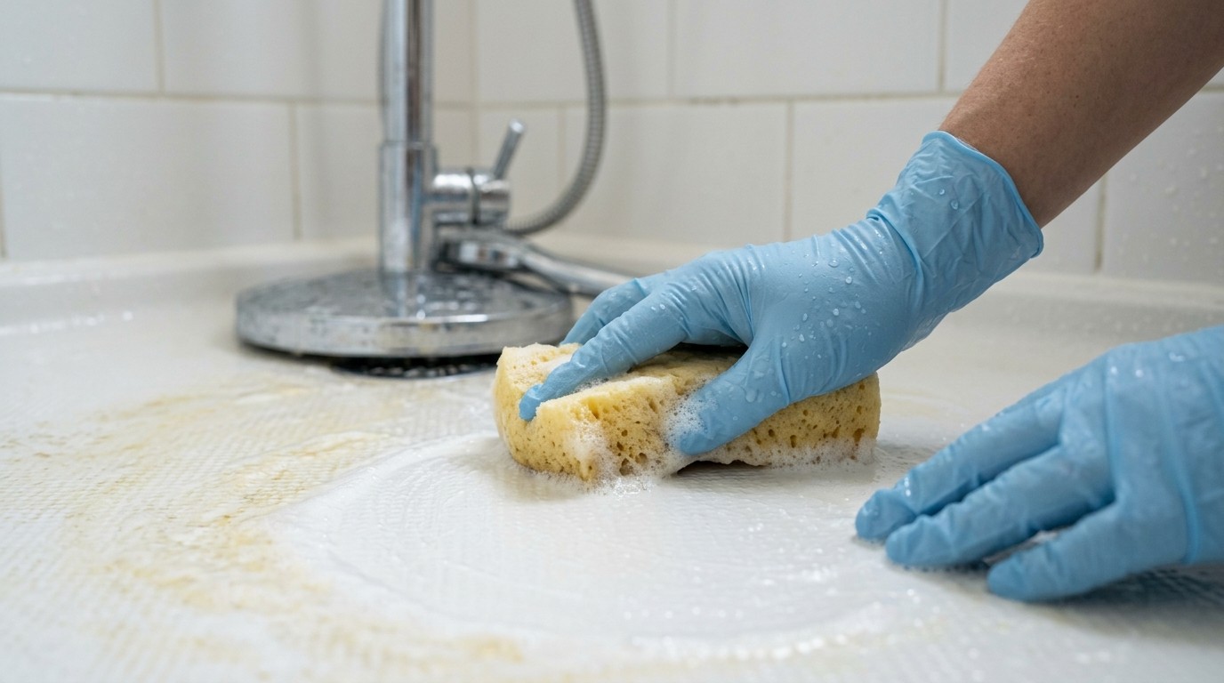How to Clean Fiberglass Shower Floor showing a homeowner removing soap scum and dirt with a gentle cleaning solution.