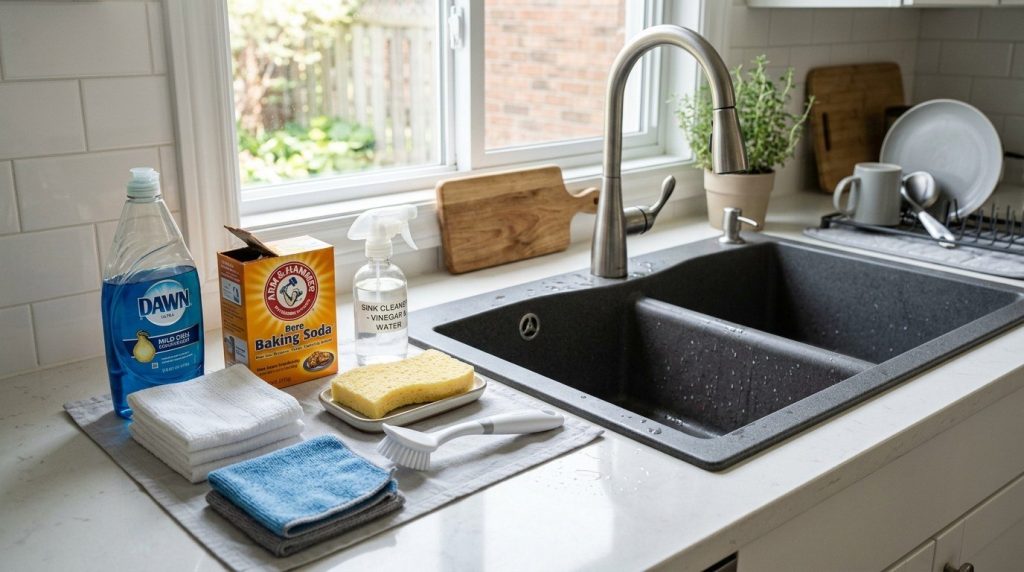 How to Clean Granite Composite Sink by gently scrubbing the sink with a soft sponge and mild cleaner.