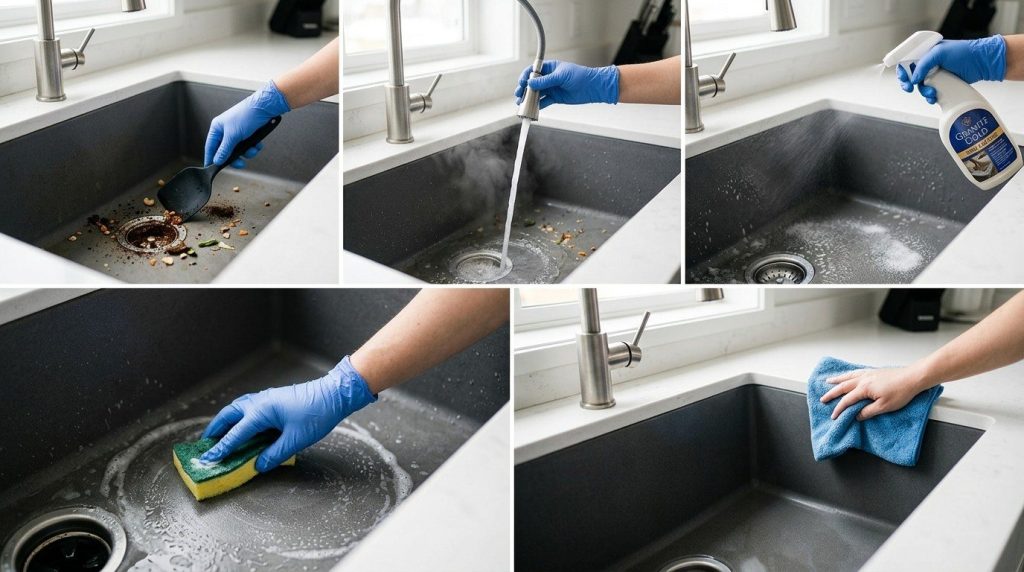How to Clean Granite Composite Sink showing a homeowner removing food residue and water spots from the sink surface.