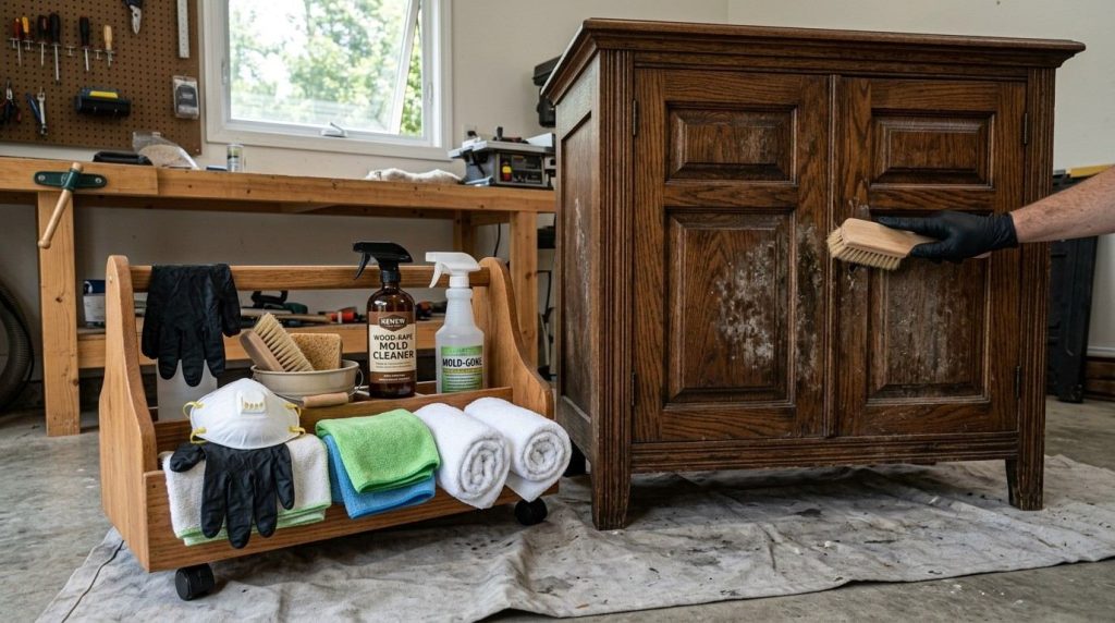 How to Clean Mold off Wood Furniture showing a homeowner gently wiping mold from a wooden table with a soft cloth.