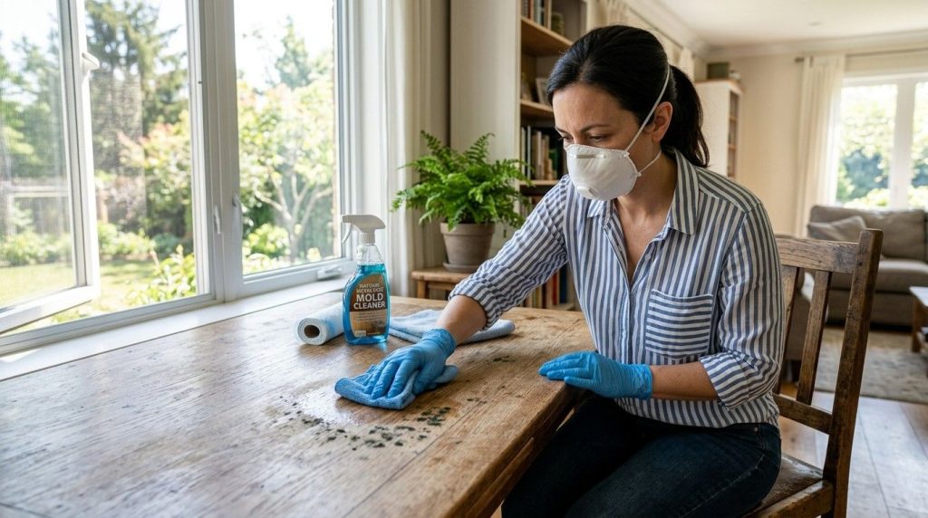 How to Clean Mold off Wood Furniture featuring mold spots on a wooden furniture surface being carefully cleaned.