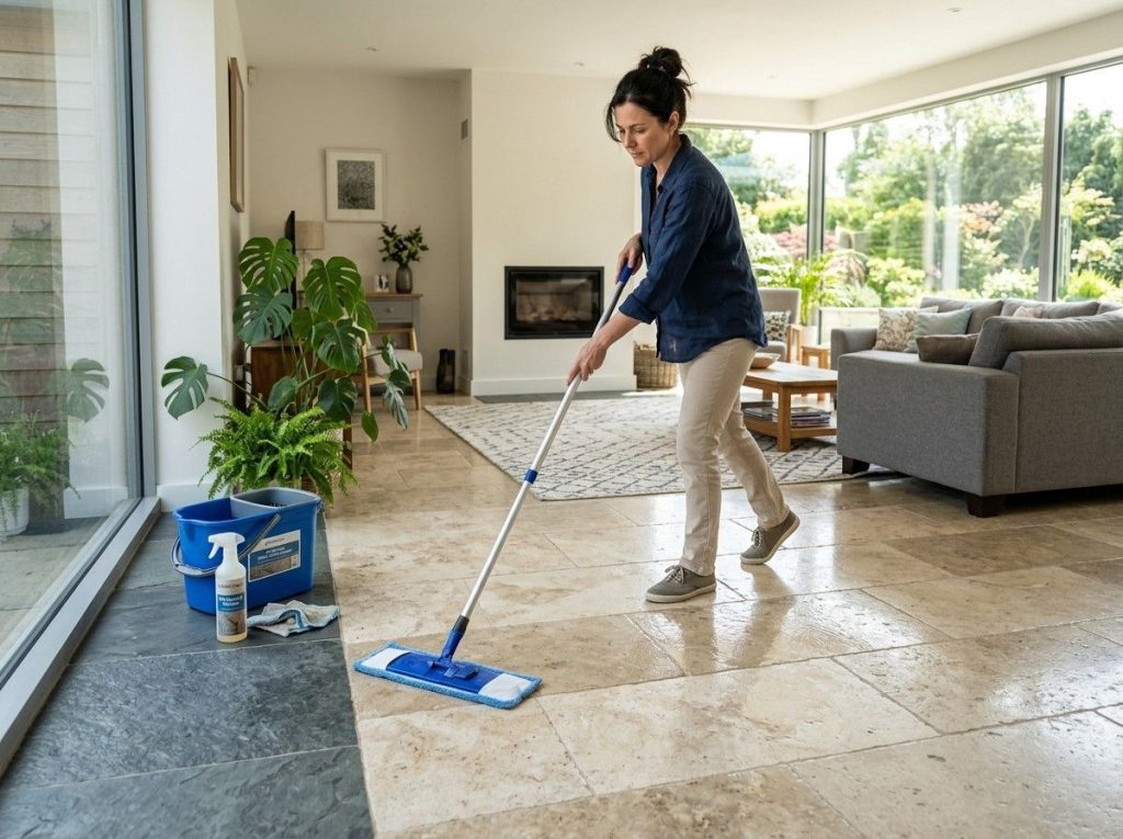 How to Clean Stone Floors by mopping with a pH-neutral stone cleaner for a spotless natural finish.