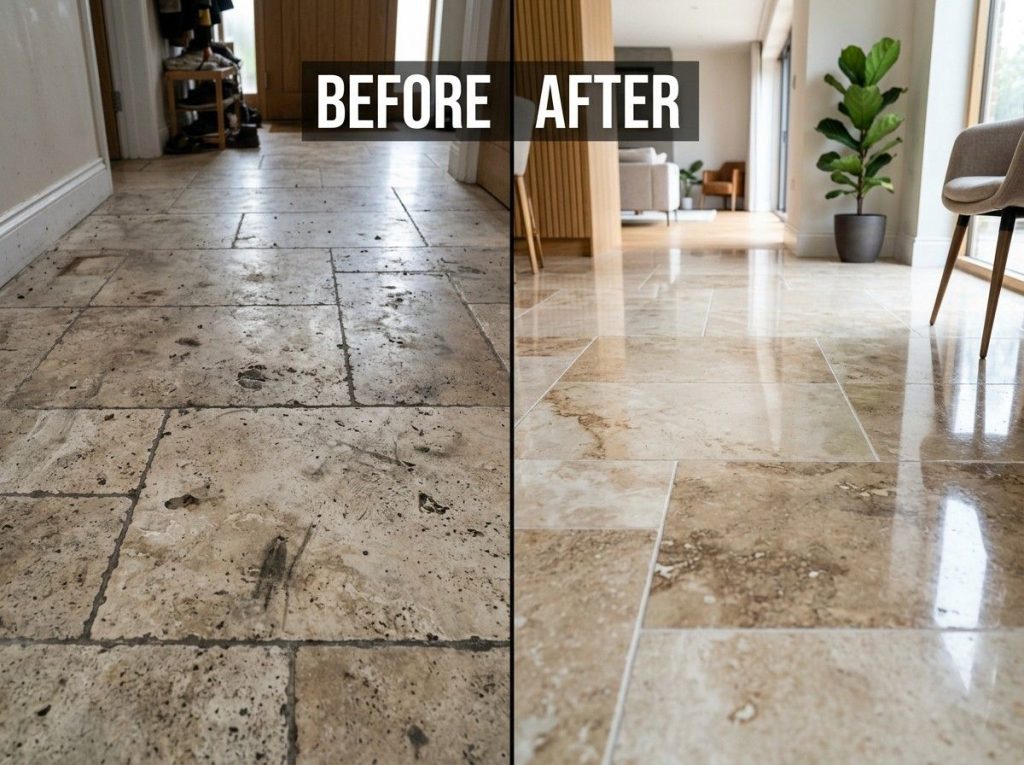 How to Clean Stone Floors showing a homeowner cleaning natural stone flooring with a microfiber mop.
