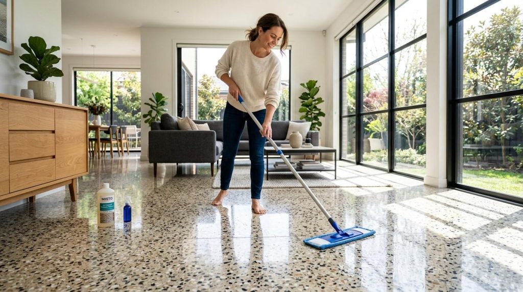 How to Clean Terrazzo Floors by mopping with a pH-neutral cleaner to protect the polished surface.