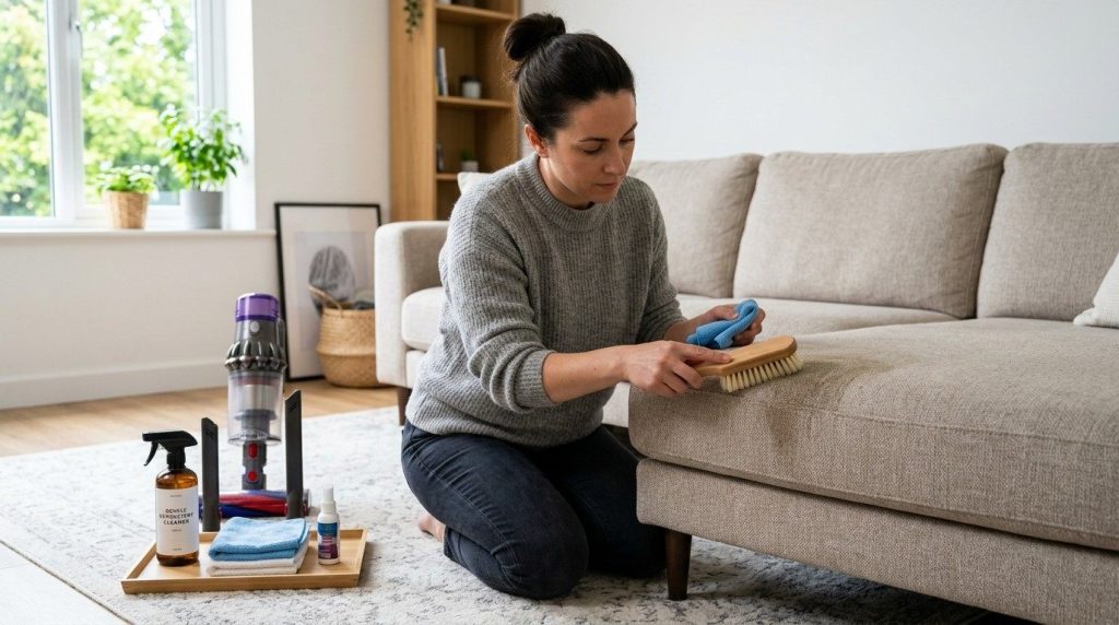 How to Clean a Polyester Couch by vacuuming the upholstery and removing dust, crumbs, and surface debris.