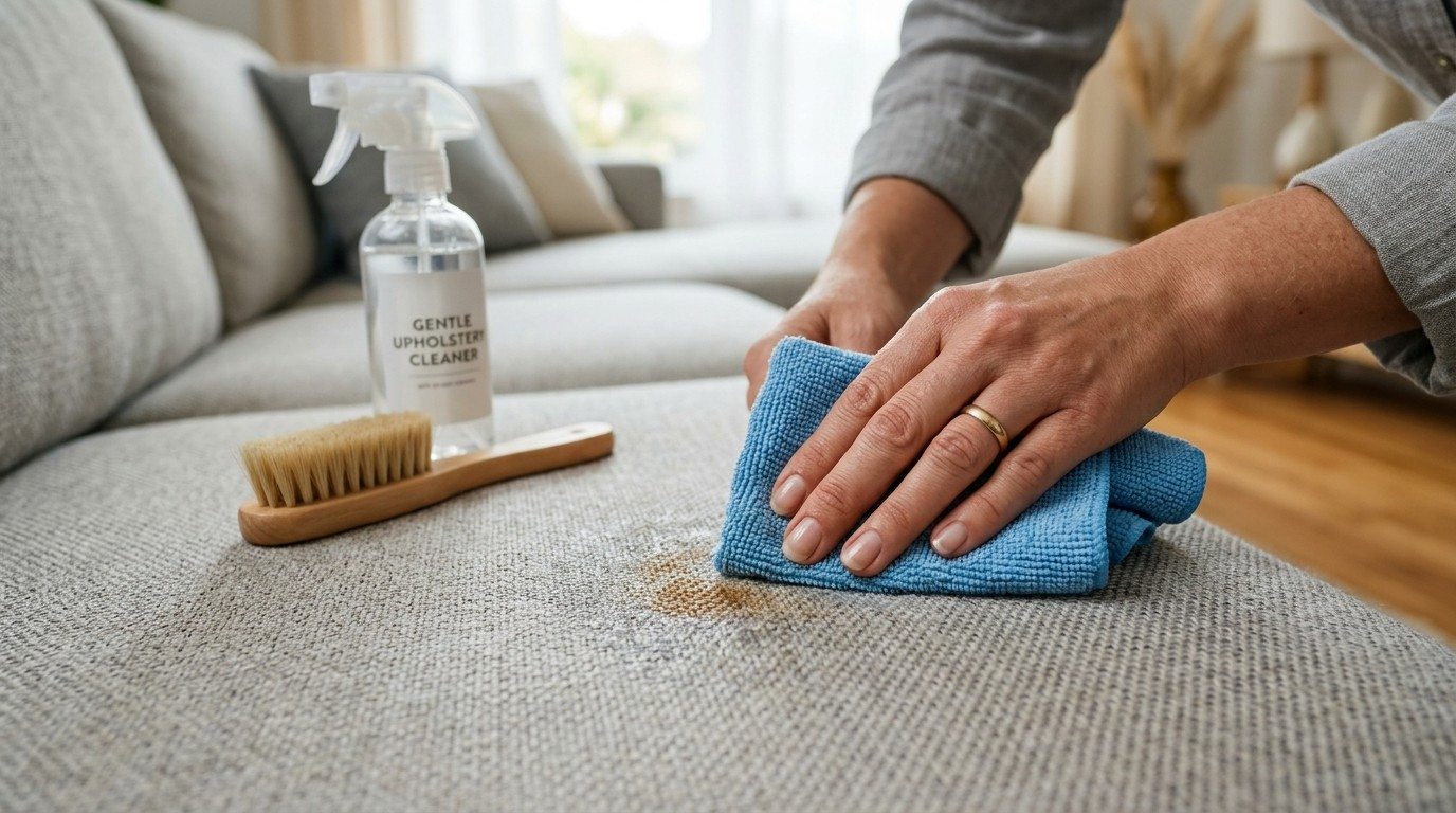How to Clean a Polyester Couch showing a homeowner gently cleaning the fabric with a soft cloth and upholstery solution.