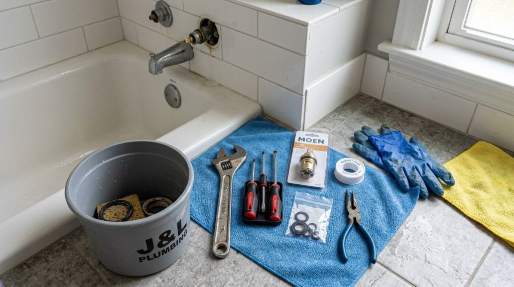 How to Fix Leaky Tub Faucet showing a homeowner removing the faucet handle with basic plumbing tools.
