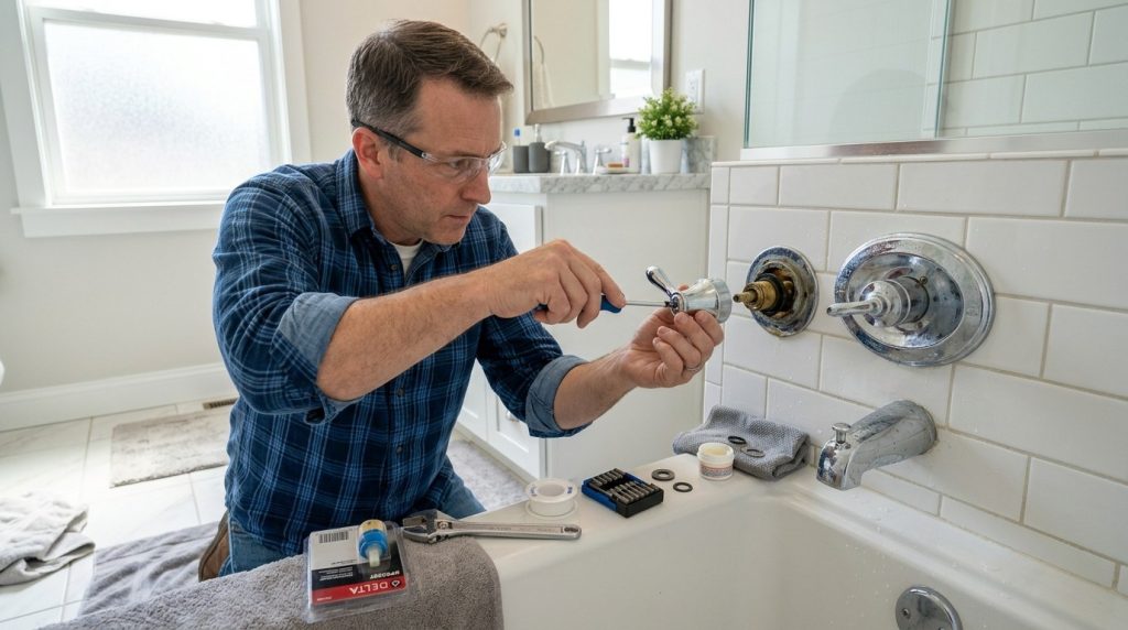 How to Fix Leaky Tub Faucet using a wrench to inspect and replace faulty faucet components.