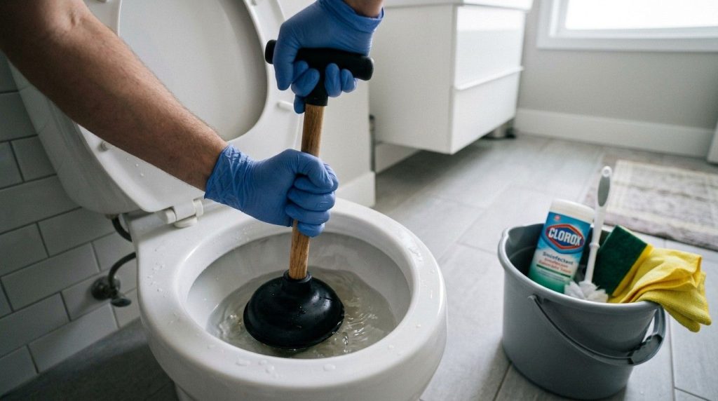 How to Fix a Clogged Toilet With Poop with step-by-step toilet unclogging using a plunger and protective gloves.