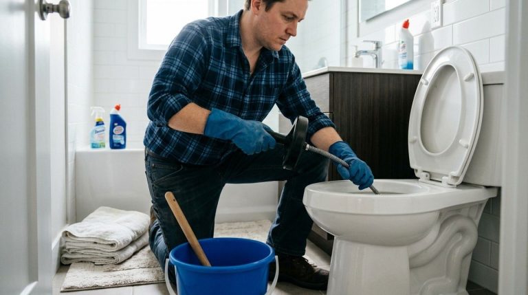 How to Fix a Clogged Toilet With Poop using a toilet plunger to clear a blocked drain and restore water flow.