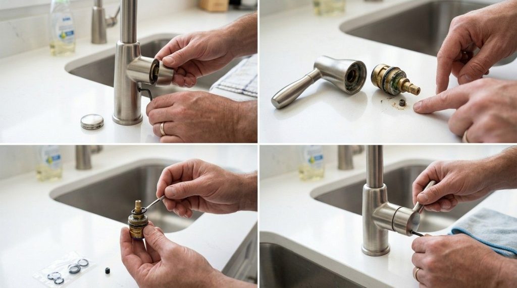 How to Fix a Loose Faucet Handle showing a homeowner removing and tightening a faucet handle with basic plumbing tools.