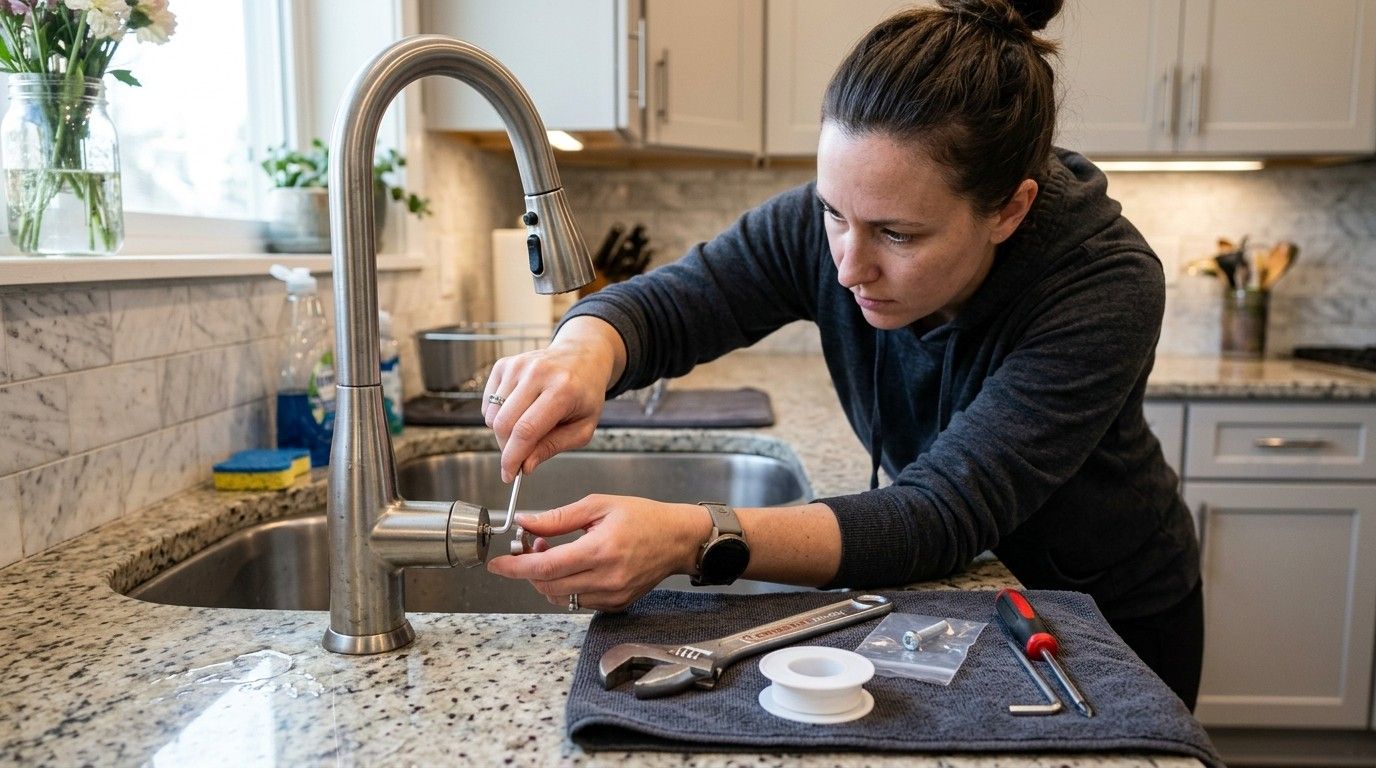 How to Fix a Loose Faucet Handle by tightening the handle screw with a screwdriver or Allen wrench.