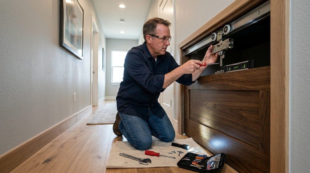 How to Fix a Pocket Door off Track using a screwdriver and wrench to adjust the door hardware for smooth movement.