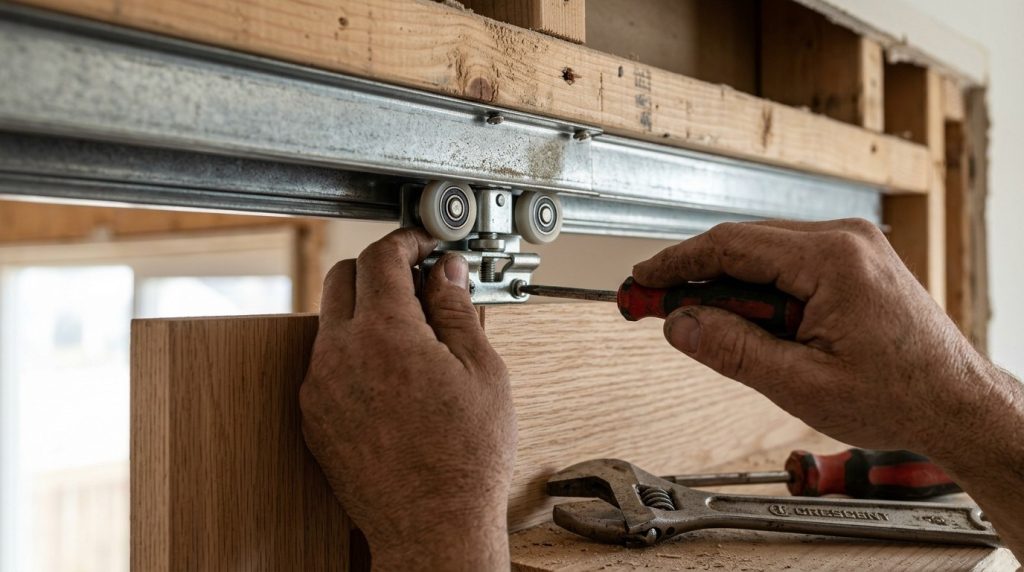 How to Fix a Pocket Door off Track showing a homeowner inspecting the rollers and track with basic tools.
