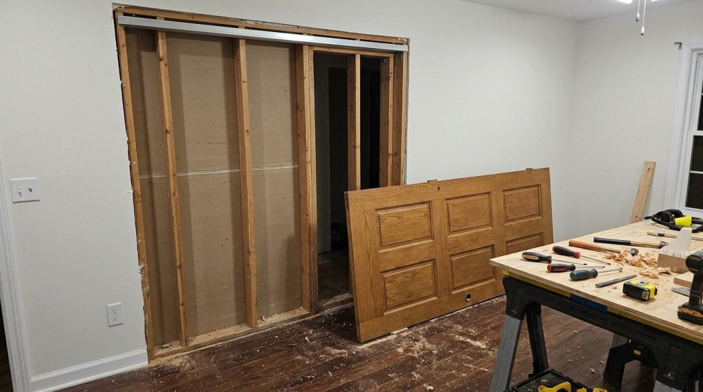 How to Fix a Pocket Door off Track by adjusting the rollers and carefully placing the door back onto its track.