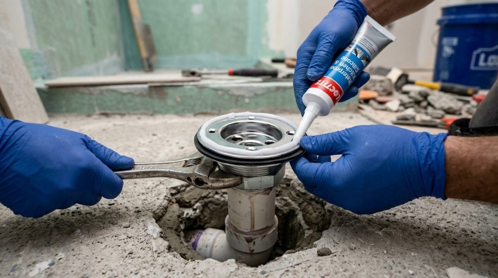 How to Install a Shower Drain showing a homeowner fitting a shower drain with plumbing tools and sealant.