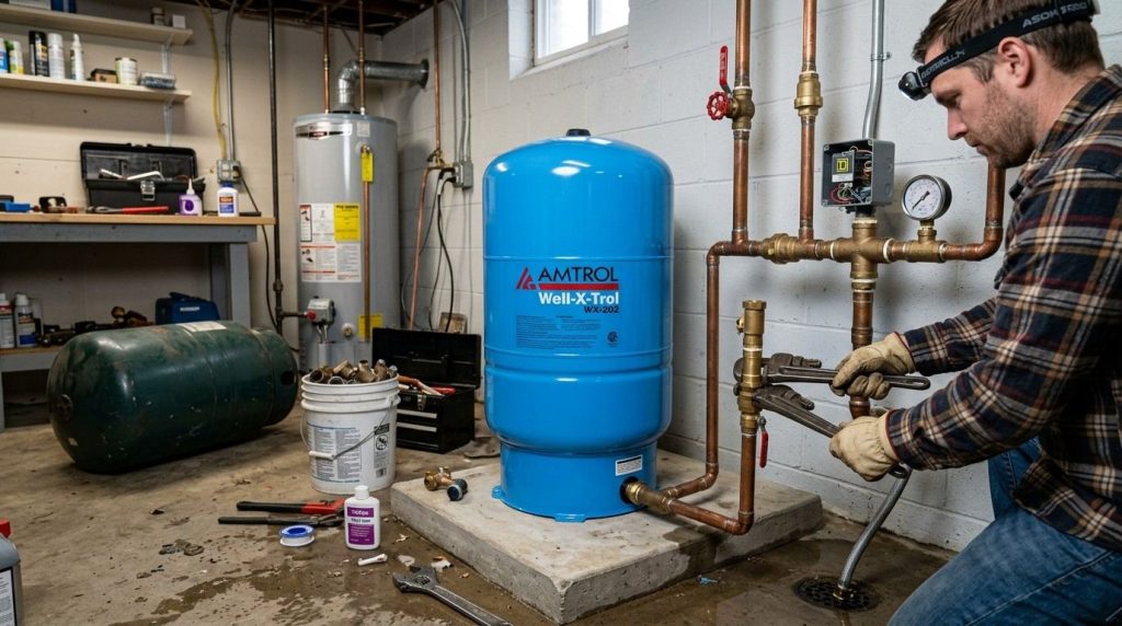 How to Install a Well Water Pressure Tank showing a pressure tank connected to a residential well water system.