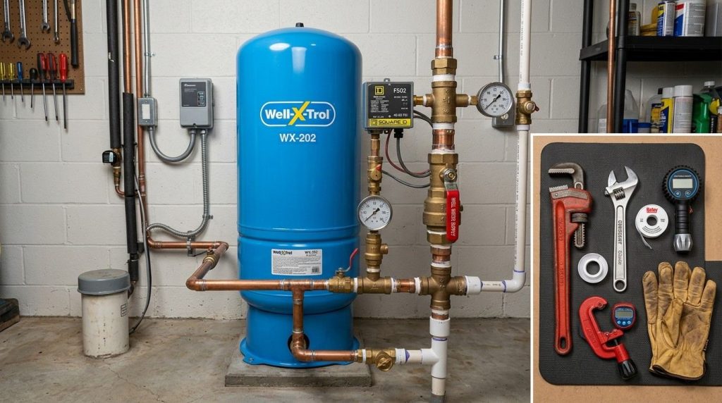 How to Install a Well Water Pressure Tank featuring a homeowner assembling water pipes, fittings, and pressure controls.