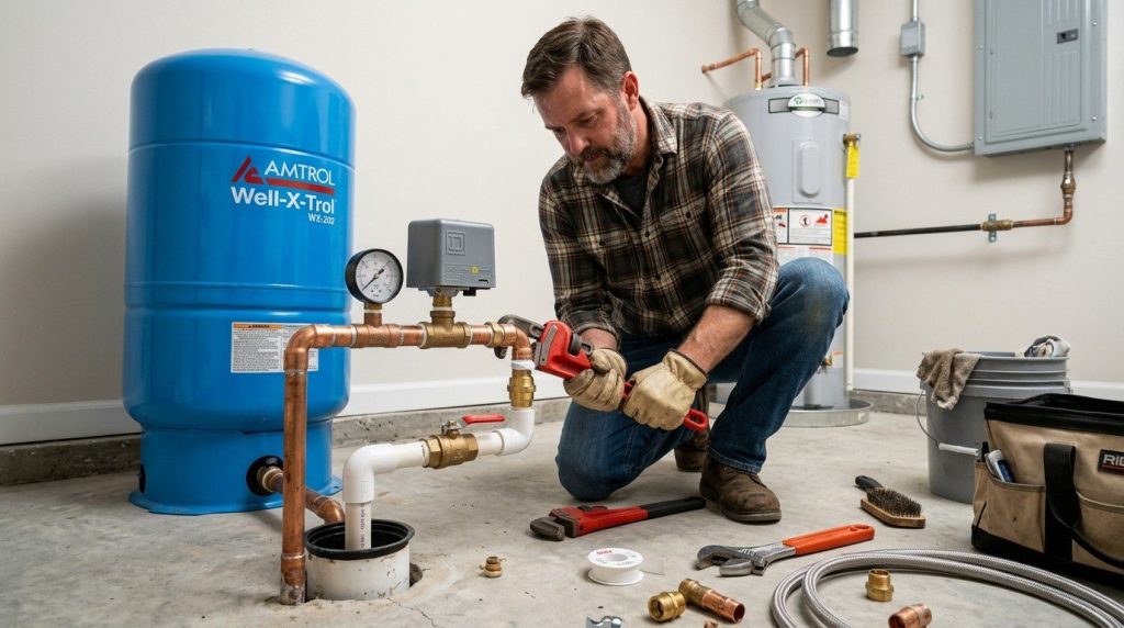 How to Install a Well Water Pressure Tank using a pressure gauge, pipe fittings, wrench, and plumbing tools.