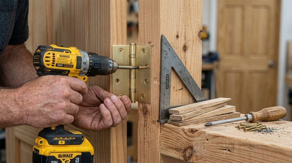 How to Install an Interior Door by positioning the door frame, checking the hinges, and securing the door in place.