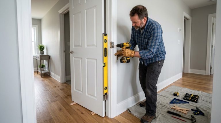 How to Install an Interior Door showing a homeowner installing a new interior door with a level, drill, and screwdriver.