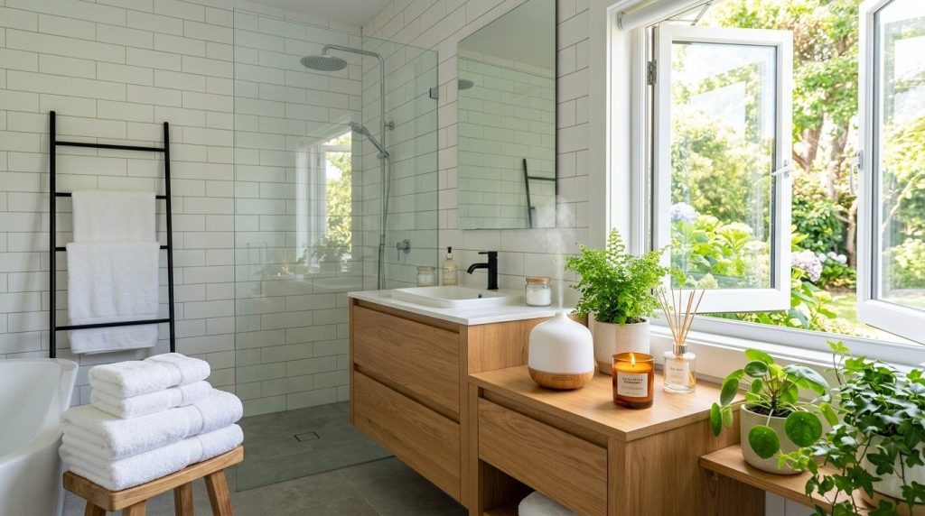 How to Make Bathroom Smell Good showing a clean bathroom with an air freshener, candles, and fresh natural elements.