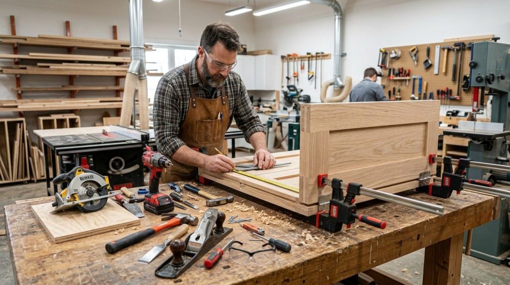How to Make Bifold Doors showing a homeowner building wooden door panels with basic woodworking tools.