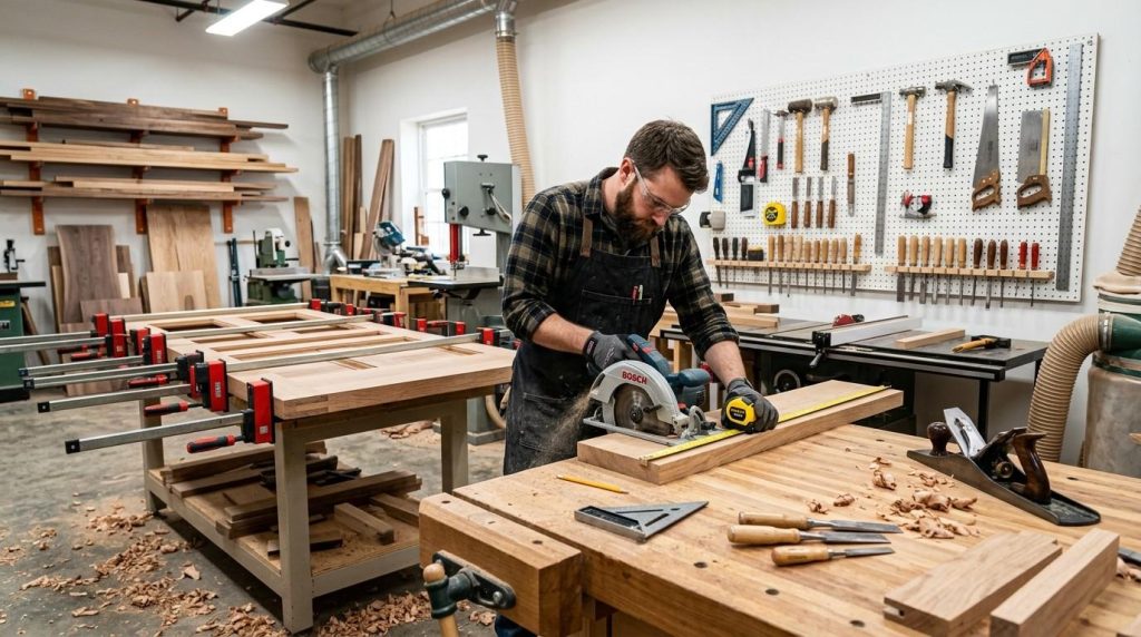 How to Make an Exterior Door showing a homeowner building a wooden exterior door with basic woodworking tools.