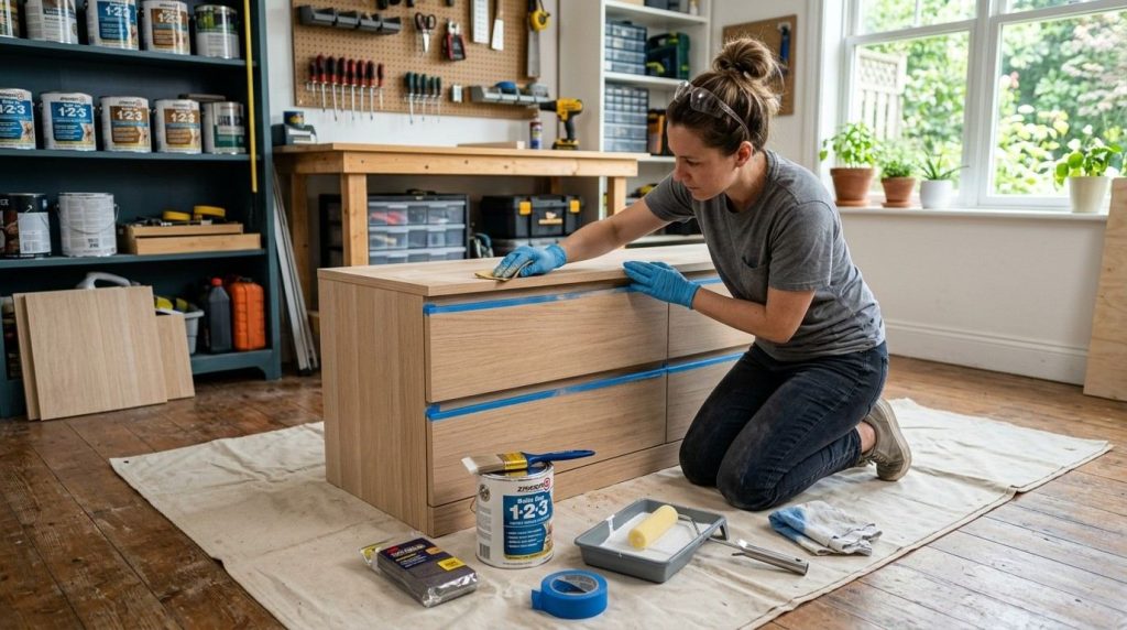 How to Paint Ikea Furniture by cleaning, sanding, and preparing the surface before applying primer and paint.