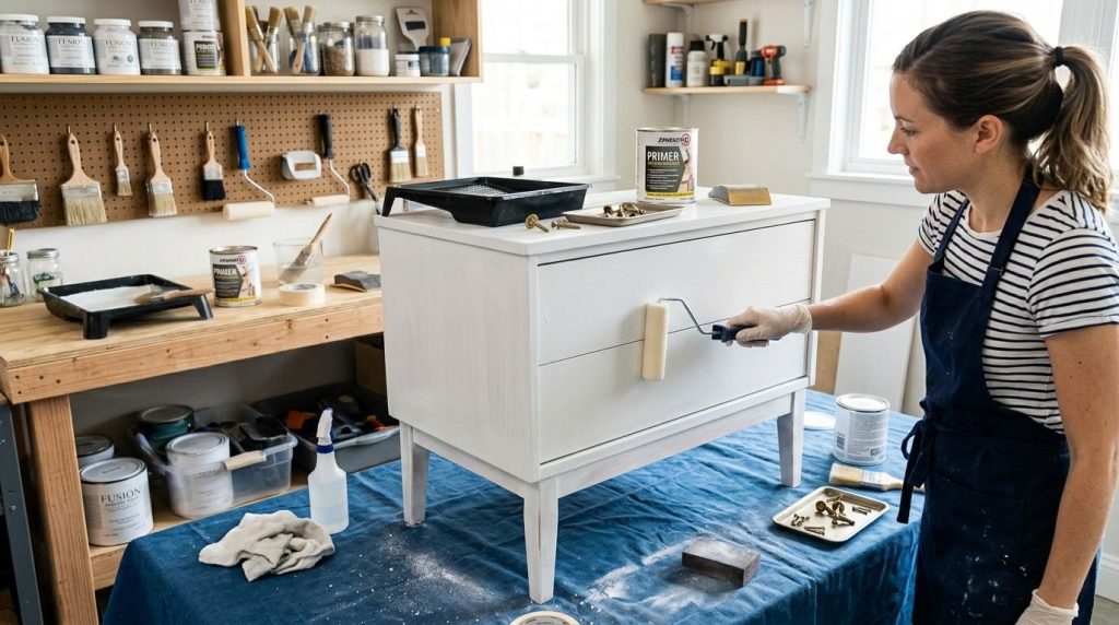 How to Paint Ikea Furniture showing a homeowner lightly sanding a piece of furniture to prepare it for painting.