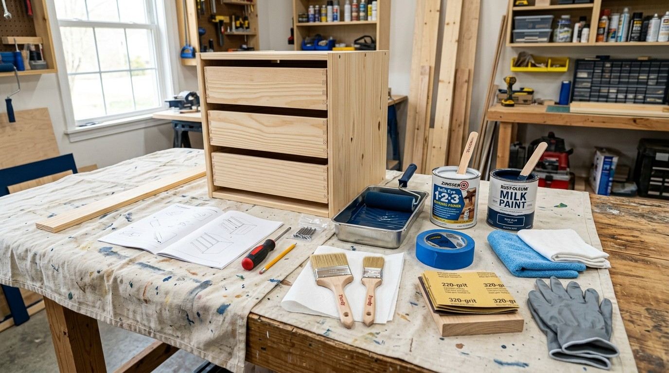 How to Paint Ikea Furniture featuring primer and paint being applied evenly to transform a simple furniture piece.