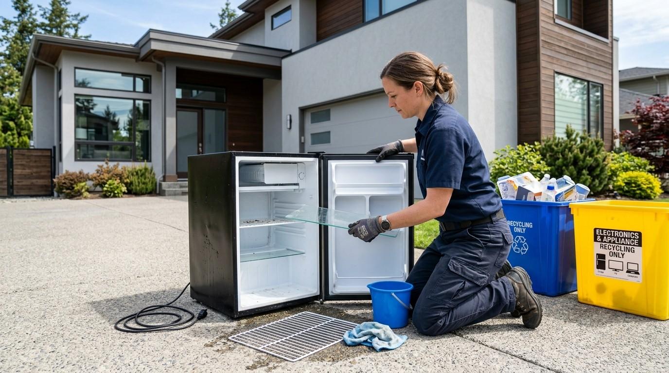 How to Recycle a Mini Fridge showing a homeowner taking a mini fridge to a certified appliance recycling center.
