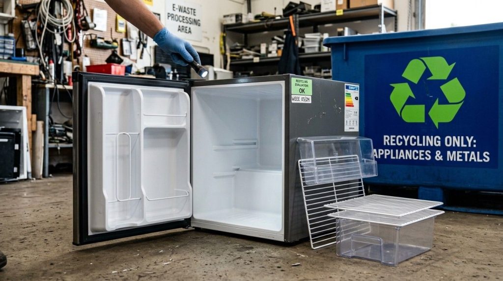 How to Recycle a Mini Fridge featuring an old mini refrigerator ready for pickup through a local recycling program.