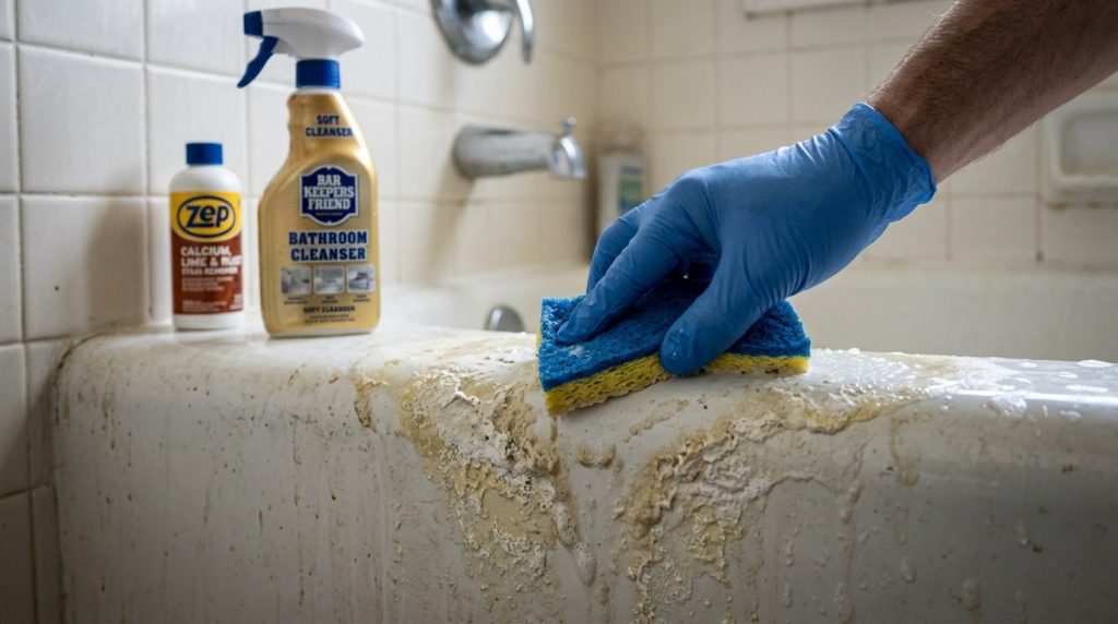 How to Remove Hard Water Stains from Tub showing a homeowner cleaning stubborn mineral stains from a bathtub surface.