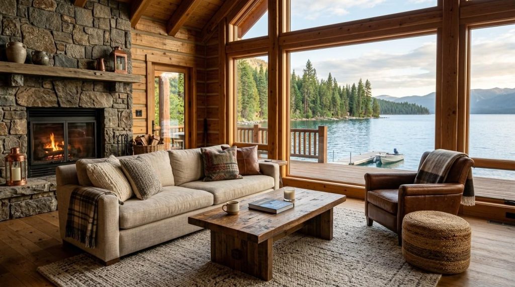 Lake House Furniture Ideas featuring a cozy lake house living room with comfortable sofas, wooden tables, and natural décor.
