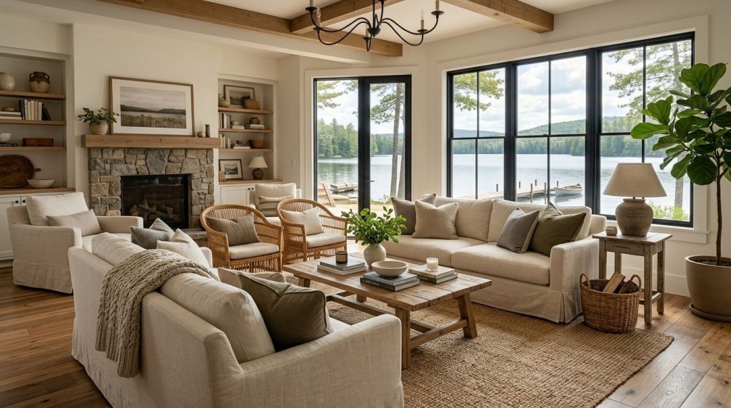 Lake House Furniture Ideas showing a bright waterfront home with rustic furniture, neutral fabrics, and relaxing seating.