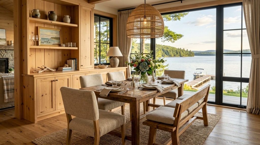 Lake House Furniture Ideas highlighting a casual living space with wood furniture, woven accents, and lake-inspired décor.