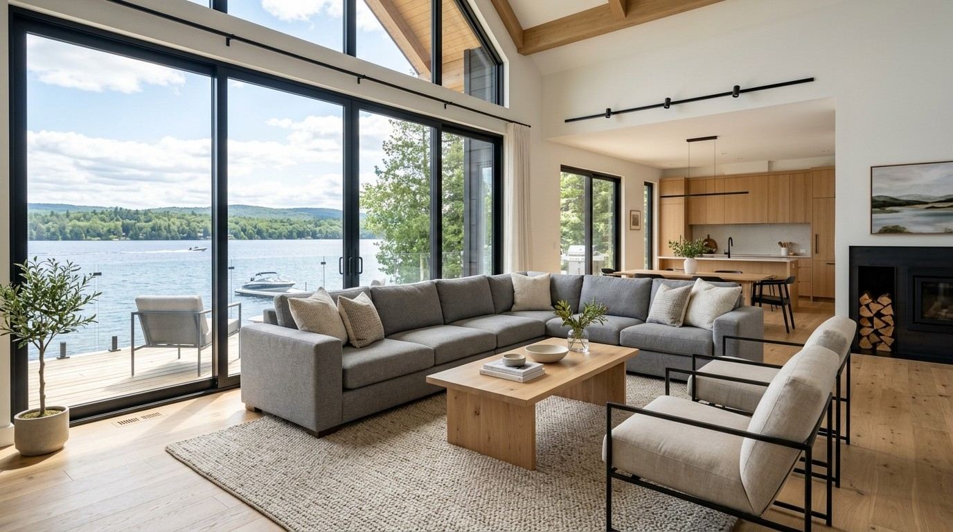 Lake House Furniture Ideas showcasing stylish and comfortable furniture arranged for relaxing by the water.